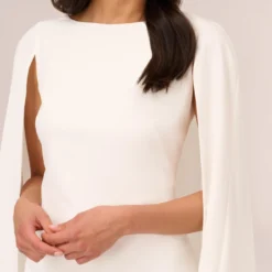 Adrianna Papell Structured Cape Sheath Dress In Ivory -Glam Mirth Sales 014237610 IVY Regular Detail