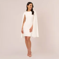 Adrianna Papell Structured Cape Sheath Dress In Ivory -Glam Mirth Sales 014237610 IVY Regular Front