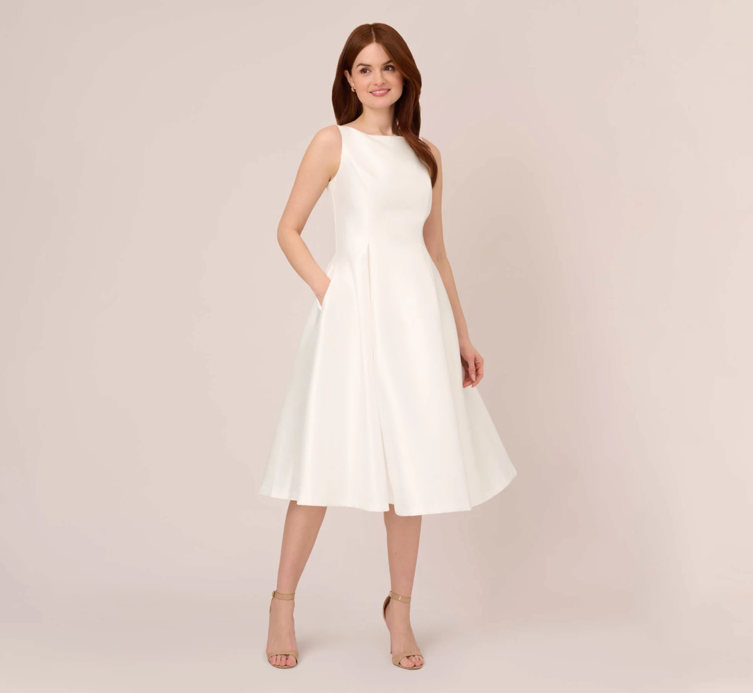 Adrianna Papell Sleeveless Mikado Fit And Flare Midi Dress With V-Back In Ivory 1 Adrianna Papell Sleeveless Mikado Fit And Flare Midi Dress With V-Back In Ivory