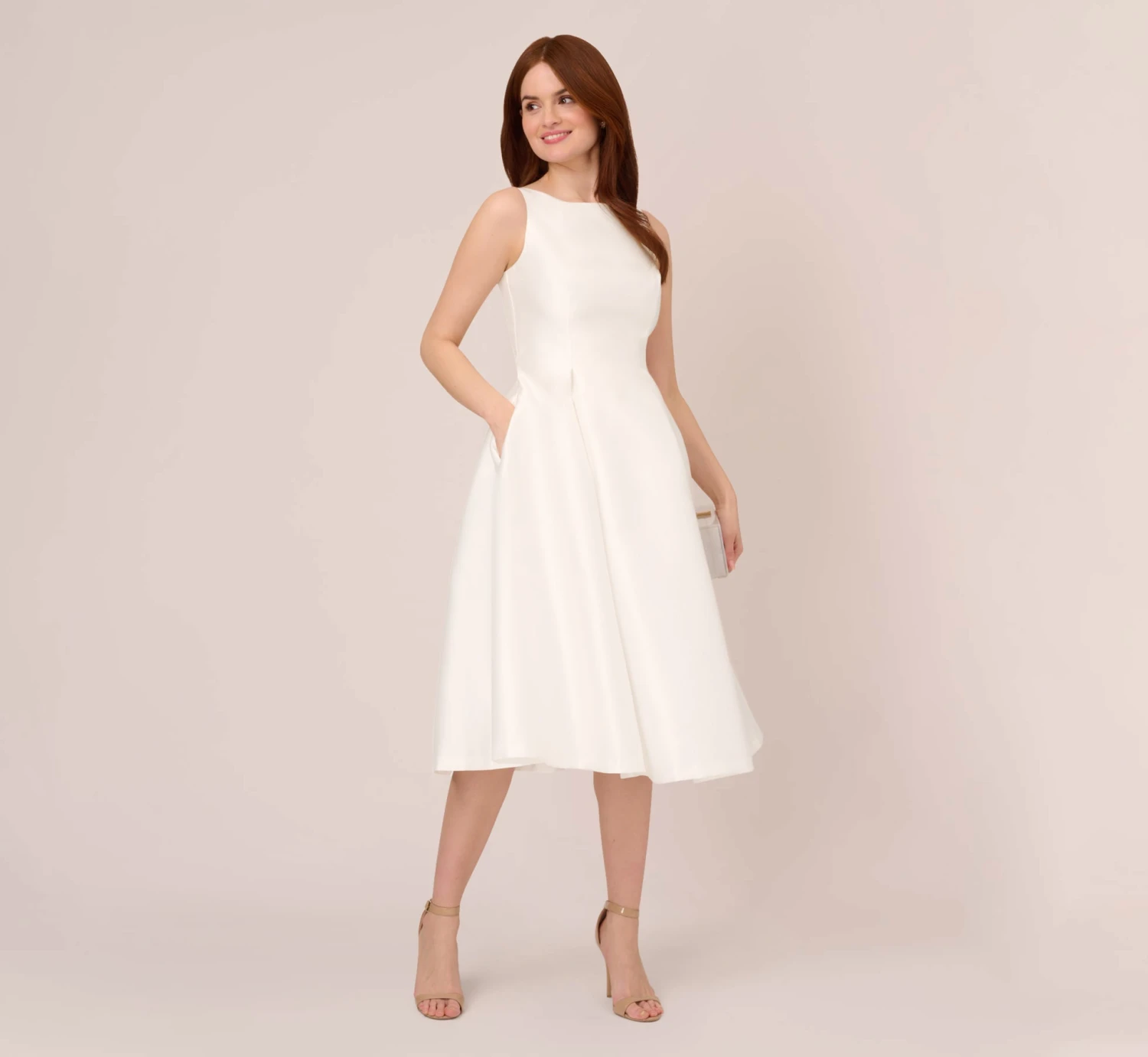 Adrianna Papell Sleeveless Mikado Fit And Flare Midi Dress With V-Back In Ivory 2 Adrianna Papell Sleeveless Mikado Fit And Flare Midi Dress With V-Back In Ivory - Image 2
