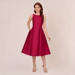 Adrianna Papell Sleeveless Mikado Fit And Flare Midi Dress With V-Back In Red Plum