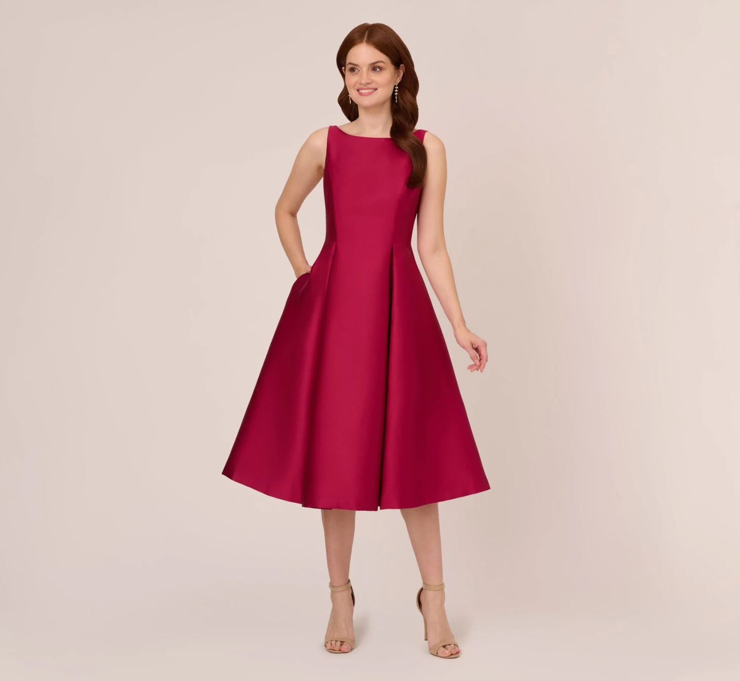 Adrianna Papell Sleeveless Mikado Fit And Flare Midi Dress With V-Back In Red Plum 1 Adrianna Papell Sleeveless Mikado Fit And Flare Midi Dress With V-Back In Red Plum