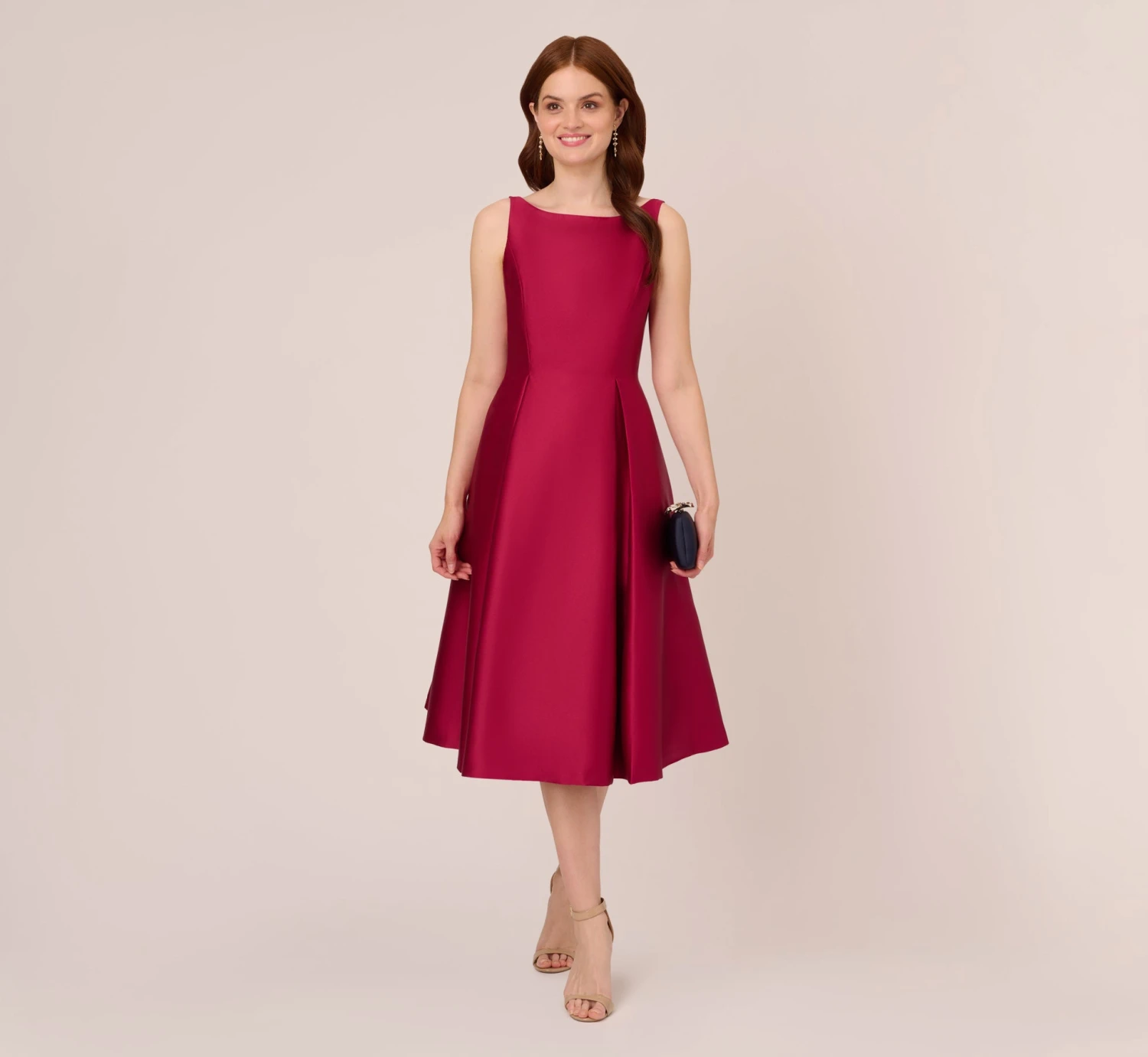 Adrianna Papell Sleeveless Mikado Fit And Flare Midi Dress With V-Back In Red Plum 2 Adrianna Papell Sleeveless Mikado Fit And Flare Midi Dress With V-Back In Red Plum - Image 2
