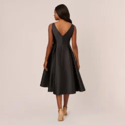 Adrianna Papell Sleeveless Mikado Fit And Flare Midi Dress With V-Back In Black -Glam Mirth Sales 041899070 BLK Regular Back