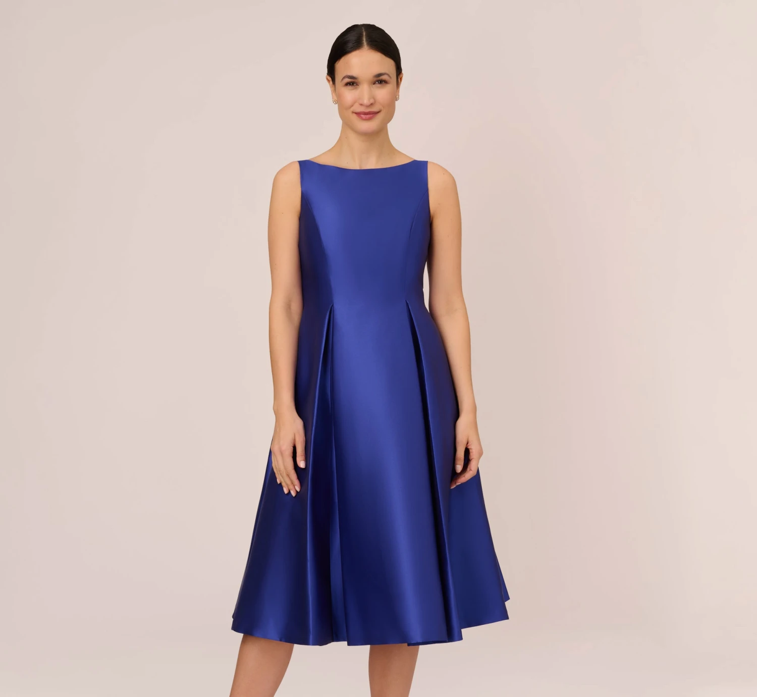 Adrianna Papell Sleeveless Mikado Fit And Flare Midi Dress With V-Back In Neptune 1 Adrianna Papell Sleeveless Mikado Fit And Flare Midi Dress With V-Back In Neptune
