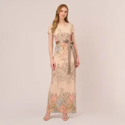 Adrianna Papell Floral Matelasse Gown In Blush Multi