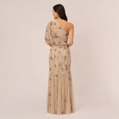 Adrianna Papell One Shoulder Beaded Gown In Nude 9 Adrianna Papell One Shoulder Beaded Gown In Nude -Glam Mirth Sales 091860320 NUD Regular Back