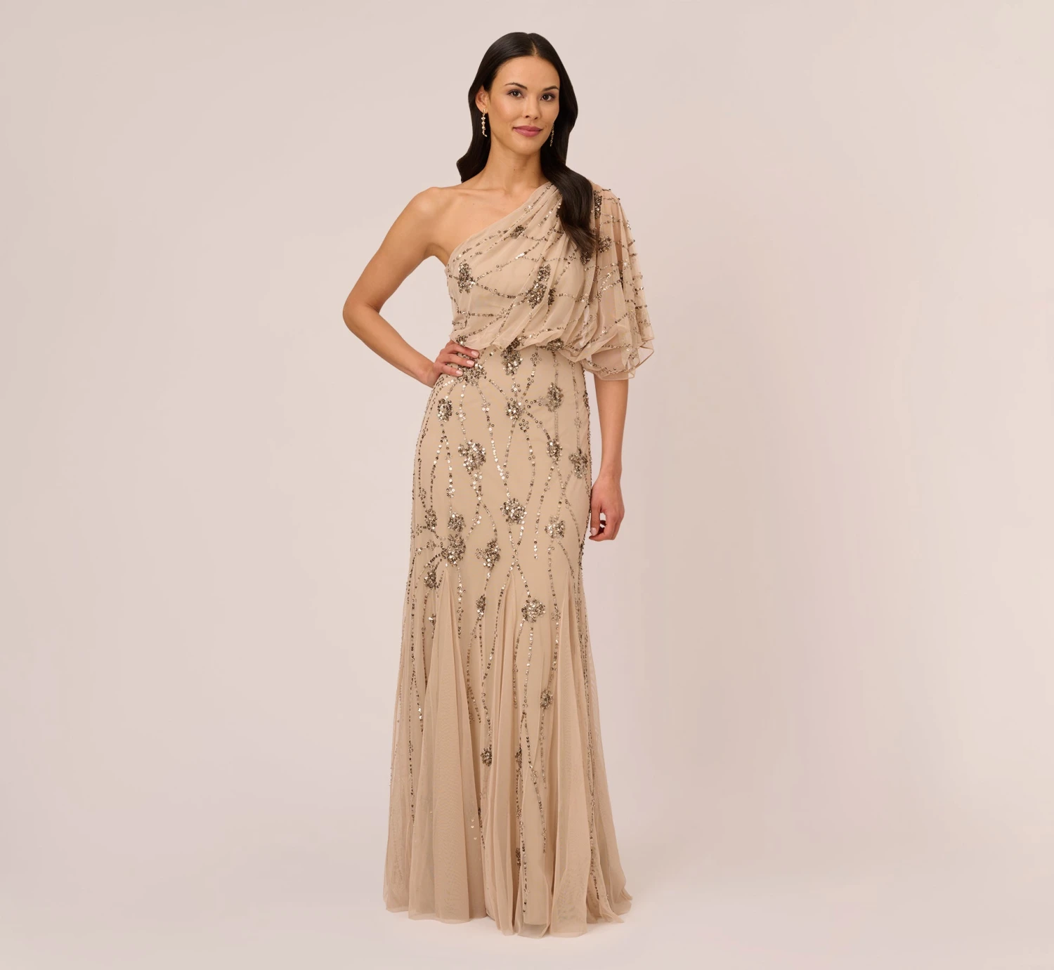 Adrianna Papell One Shoulder Beaded Gown In Nude 1 Adrianna Papell One Shoulder Beaded Gown In Nude