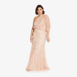 Adrianna Papell One Shoulder Beaded Gown In Blush -Glam Mirth Sales 09186032 BLS Regular Lifestyle