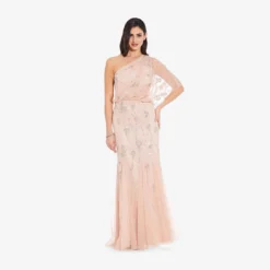 Adrianna Papell One Shoulder Beaded Gown In Blush -Glam Mirth Sales 09186032 BLS Regular Side