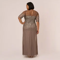 Adrianna Papell Plus Size Beaded Illusion Gown In Lead 9 Adrianna Papell Plus Size Beaded Illusion Gown In Lead -Glam Mirth Sales 091863331 LED Plus Back