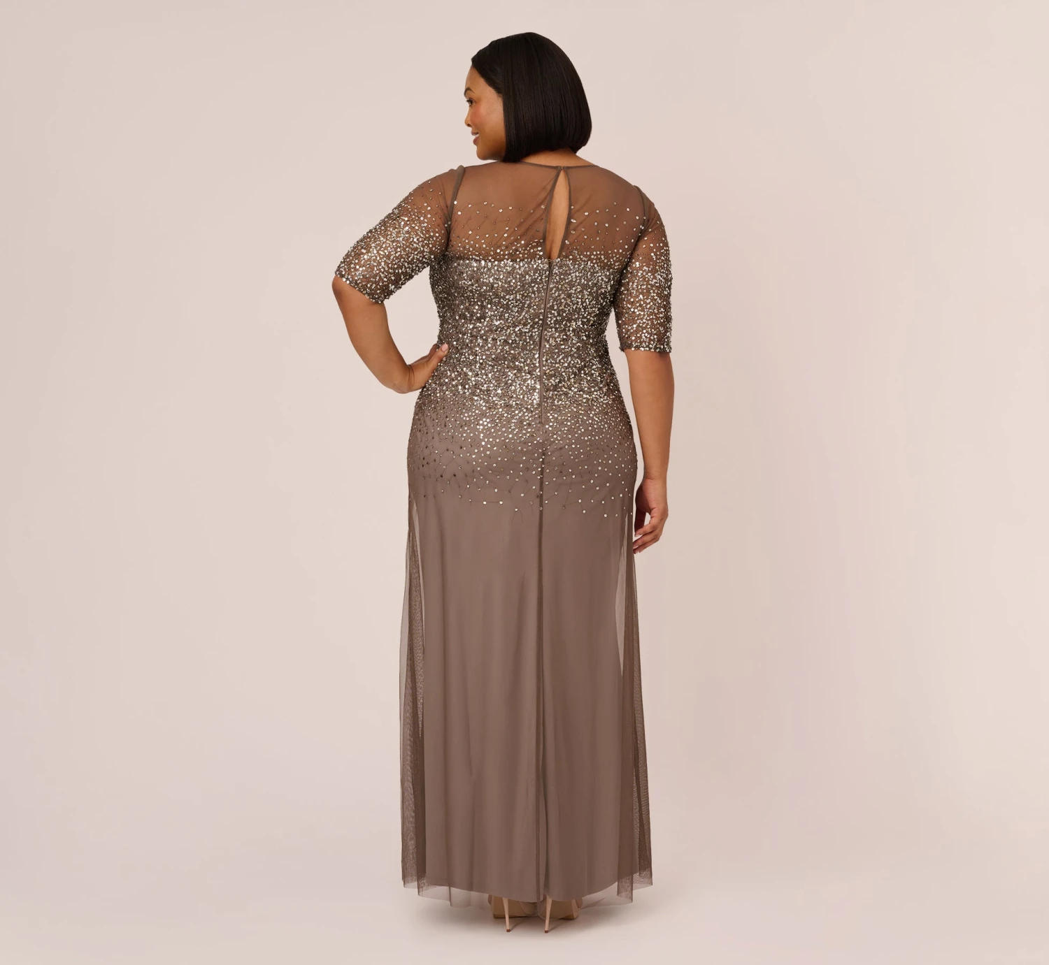 Adrianna Papell Plus Size Beaded Illusion Gown In Lead 4 Adrianna Papell Plus Size Beaded Illusion Gown In Lead - Image 4