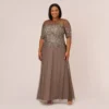 Adrianna Papell Plus Size Beaded Illusion Gown In Lead