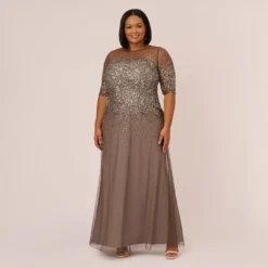 Adrianna Papell Plus Size Beaded Illusion Gown In Lead