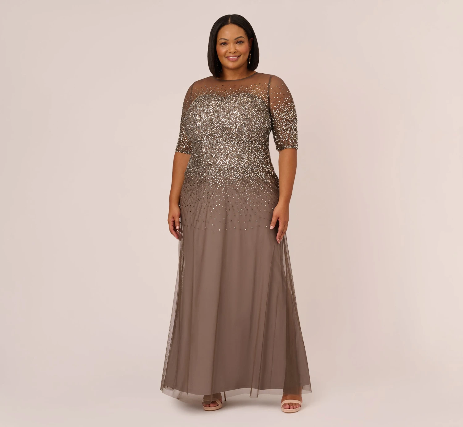 Adrianna Papell Plus Size Beaded Illusion Gown In Lead 1 Adrianna Papell Plus Size Beaded Illusion Gown In Lead