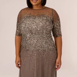 Adrianna Papell Plus Size Beaded Illusion Gown In Lead 10 Adrianna Papell Plus Size Beaded Illusion Gown In Lead -Glam Mirth Sales 091863331 LED Plus Detail
