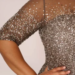 Adrianna Papell Plus Size Beaded Illusion Gown In Lead 8 Adrianna Papell Plus Size Beaded Illusion Gown In Lead -Glam Mirth Sales 091863331 LED Plus Lifestyle