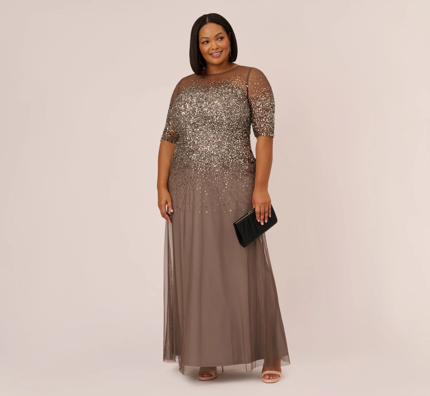 Adrianna Papell Plus Size Beaded Illusion Gown In Lead 2 Adrianna Papell Plus Size Beaded Illusion Gown In Lead - Image 2