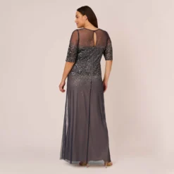 Adrianna Papell Plus Size Beaded Illusion Gown In Navy -Glam Mirth Sales 091863331 NAV Plus Back