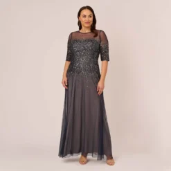 Adrianna Papell Plus Size Beaded Illusion Gown In Navy