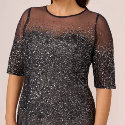 Adrianna Papell Plus Size Beaded Illusion Gown In Navy -Glam Mirth Sales 091863331 NAV Plus Detail