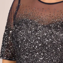 Adrianna Papell Plus Size Beaded Illusion Gown In Navy -Glam Mirth Sales 091863331 NAV Plus Lifestyle