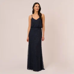 Adrianna Papell Art Deco Beaded Blouson Gown In Navy Black