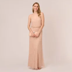 Adrianna Papell Art Deco Beaded Blouson Gown In Blush