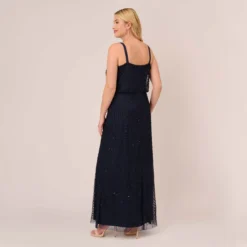 Adrianna Papell Plus Size Art Deco Beaded Blouson Gown In Navy Black 9 Adrianna Papell Plus Size Art Deco Beaded Blouson Gown In Navy Black -Glam Mirth Sales 091866701 AI410 Plus Back