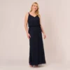 Adrianna Papell Plus Size Art Deco Beaded Blouson Gown In Navy Black