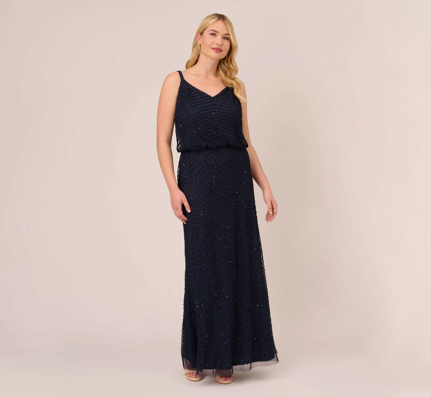 Adrianna Papell Plus Size Art Deco Beaded Blouson Gown In Navy Black 1 Adrianna Papell Plus Size Art Deco Beaded Blouson Gown In Navy Black