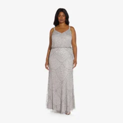 Adrianna Papell Plus Size Art Deco Beaded Blouson Gown In Bridal Silver -Glam Mirth Sales 091866701 BRSL Plus Alternate