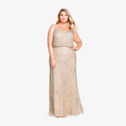 Adrianna Papell Plus Size Art Deco Beaded Blouson Gown In Taupe Pink 6 Adrianna Papell Plus Size Art Deco Beaded Blouson Gown In Taupe Pink -Glam Mirth Sales 09186670 T P Plus Alternate