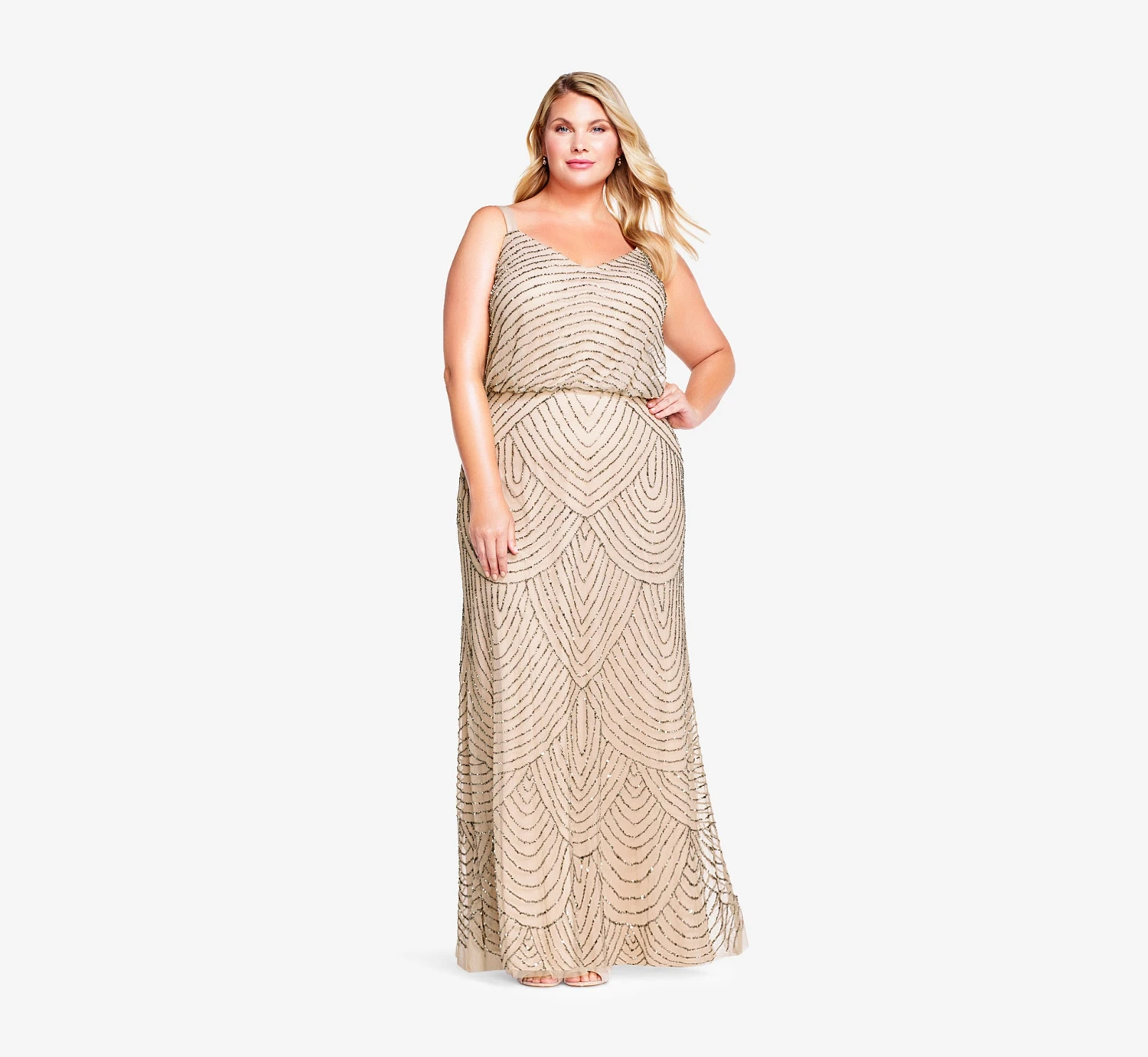 Adrianna Papell Plus Size Art Deco Beaded Blouson Gown In Taupe Pink 3 Adrianna Papell Plus Size Art Deco Beaded Blouson Gown In Taupe Pink - Image 3