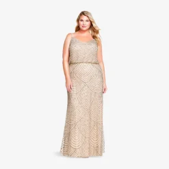 Adrianna Papell Plus Size Art Deco Beaded Blouson Gown In Taupe Pink