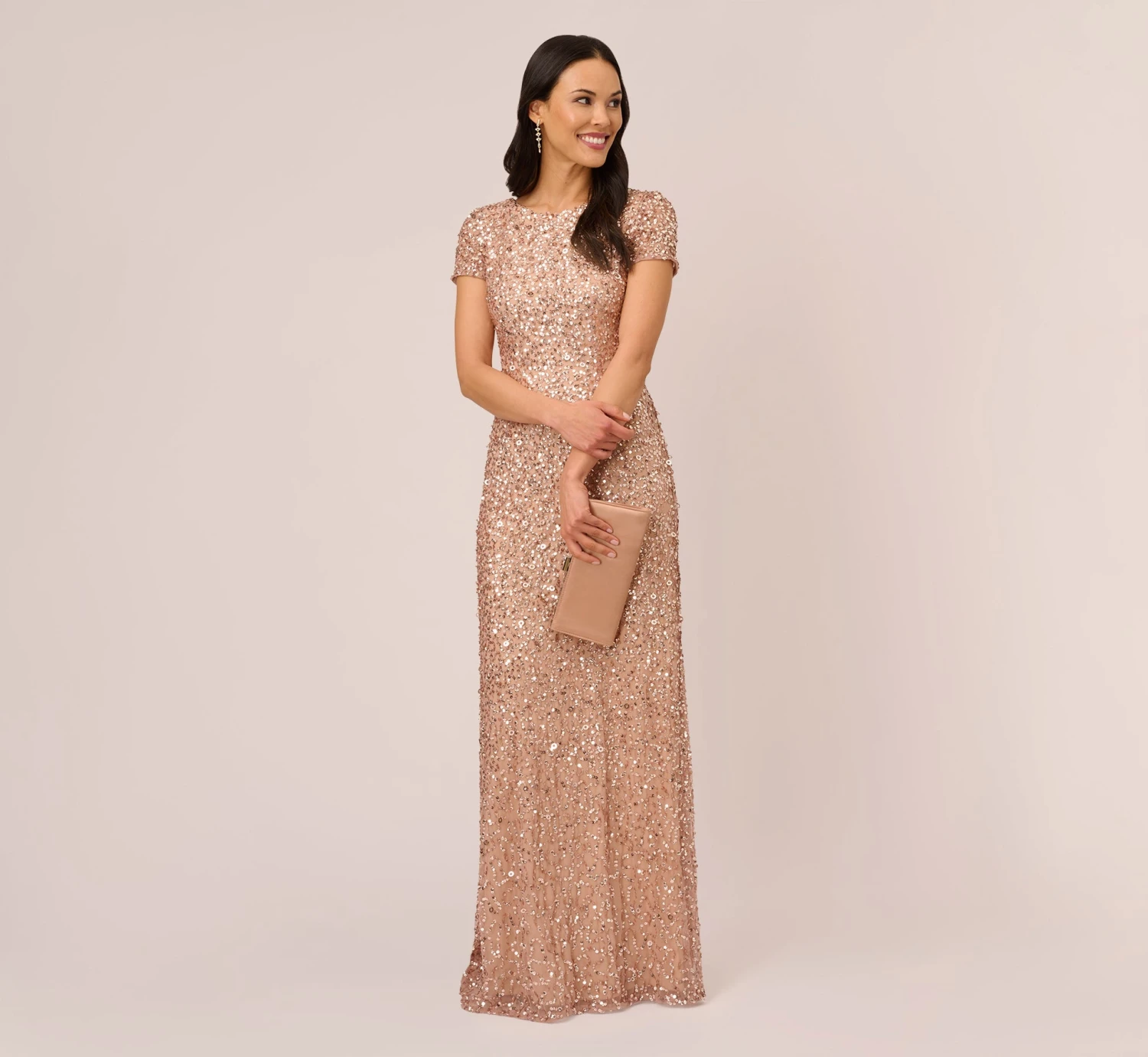 Adrianna Papell Scoop Back Sequin Gown In Rose Gold 1 Adrianna Papell Scoop Back Sequin Gown In Rose Gold