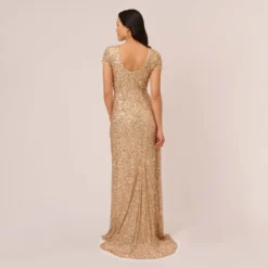 Adrianna Papell Scoop Back Sequin Gown In Champagne Gold 9 Adrianna Papell Scoop Back Sequin Gown In Champagne Gold -Glam Mirth Sales 091874600 AD298 Regular Back