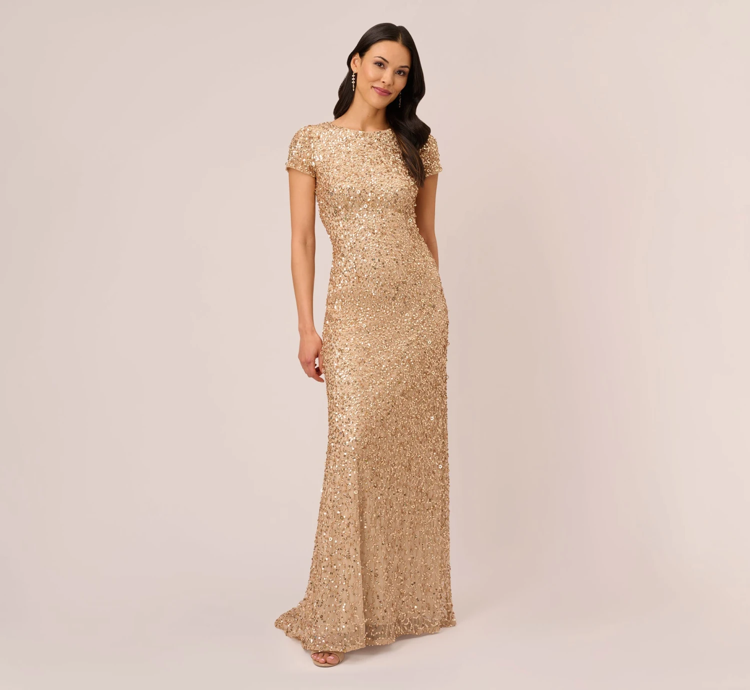 Adrianna Papell Scoop Back Sequin Gown In Champagne Gold 1 Adrianna Papell Scoop Back Sequin Gown In Champagne Gold