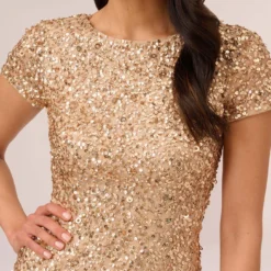 Adrianna Papell Scoop Back Sequin Gown In Champagne Gold 8 Adrianna Papell Scoop Back Sequin Gown In Champagne Gold -Glam Mirth Sales 091874600 AD298 Regular Detail