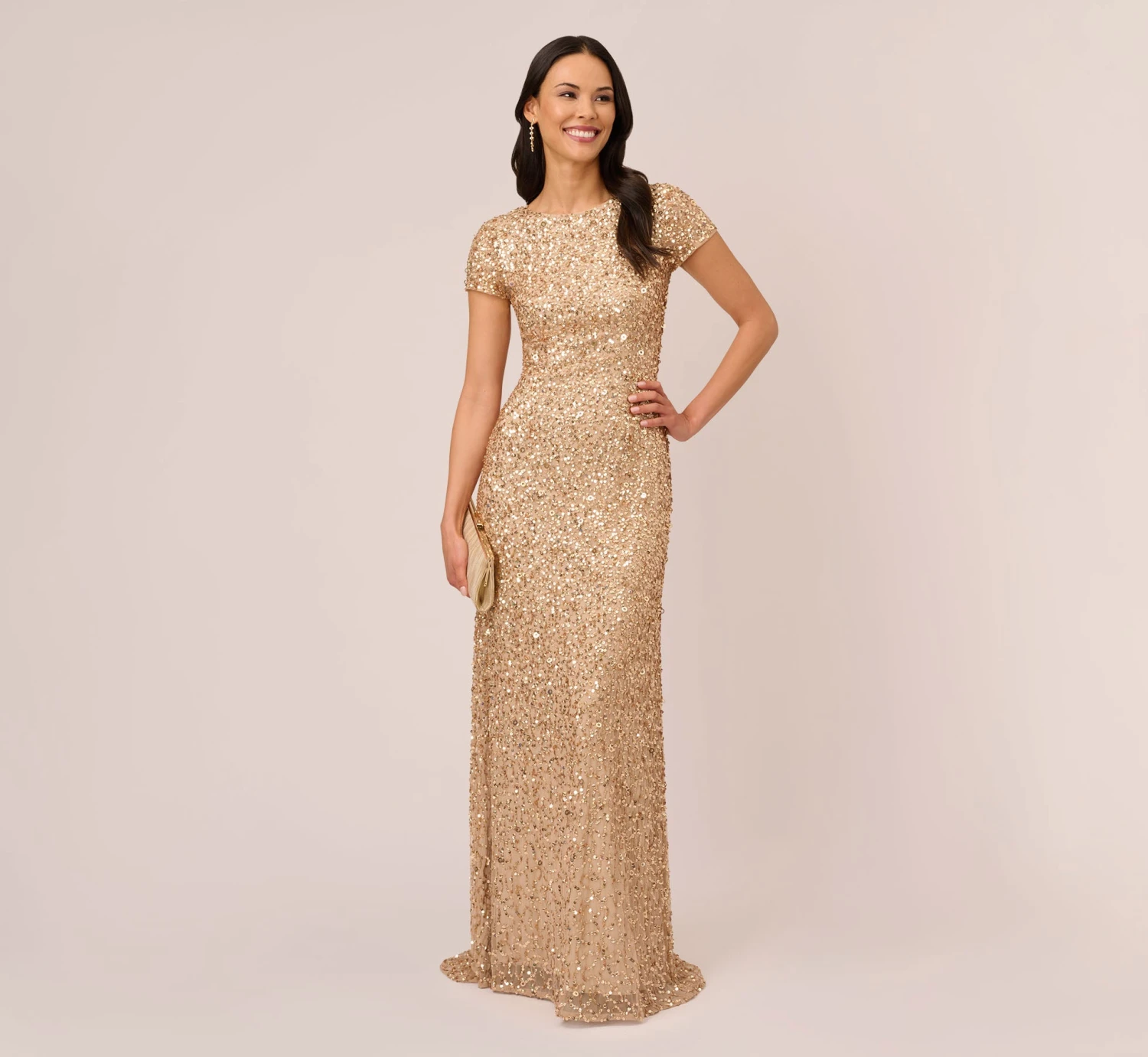 Adrianna Papell Scoop Back Sequin Gown In Champagne Gold 2 Adrianna Papell Scoop Back Sequin Gown In Champagne Gold - Image 2