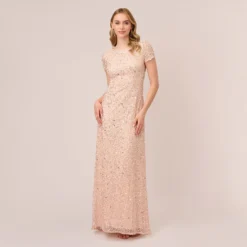 Adrianna Papell Scoop Back Sequin Gown In Blush