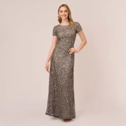 Adrianna Papell Scoop Back Sequin Gown In Lead