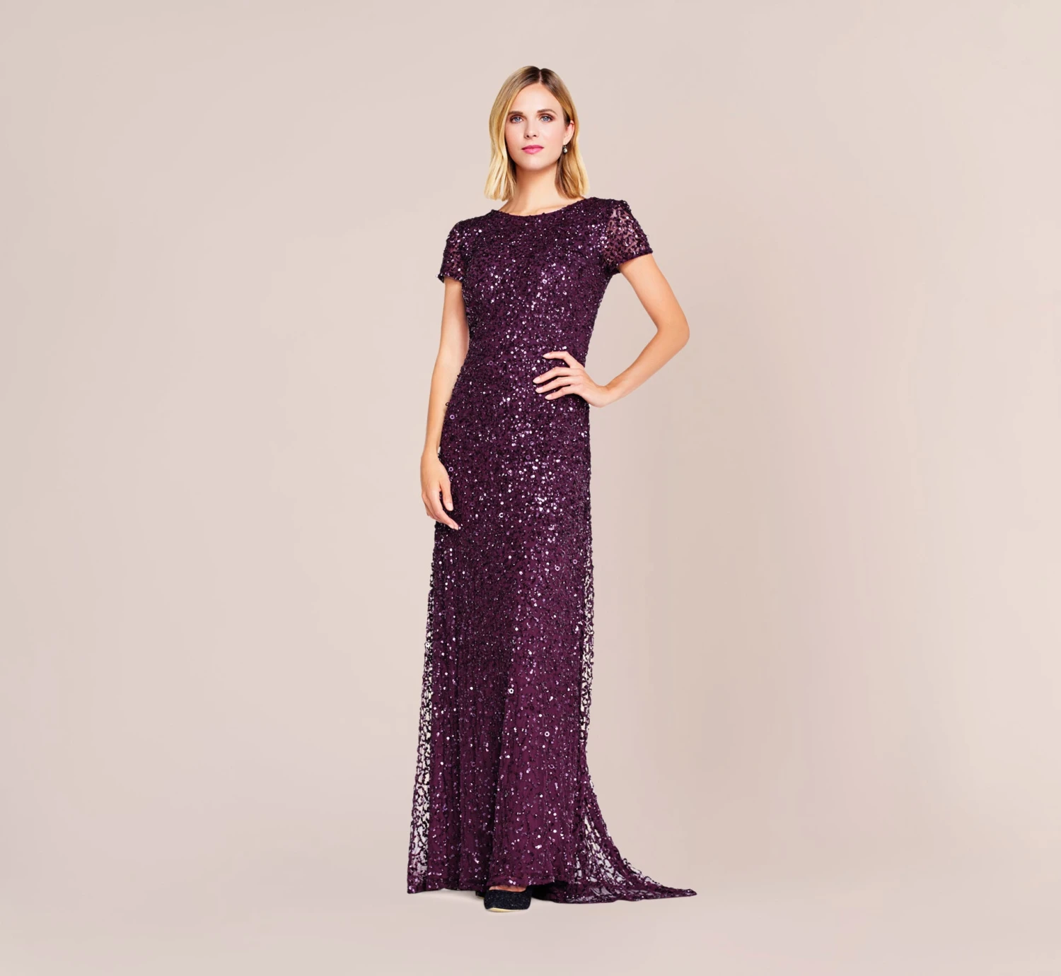 Adrianna Papell Scoop Back Sequin Gown In Cabernet 1 Adrianna Papell Scoop Back Sequin Gown In Cabernet