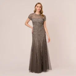 Adrianna Papell Cap Sleeve Beaded Gown In Lead