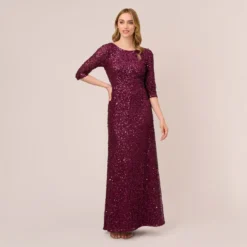 Adrianna Papell Scoop Back Sequin Gown With Three Quarter Sleeves In Cabernet