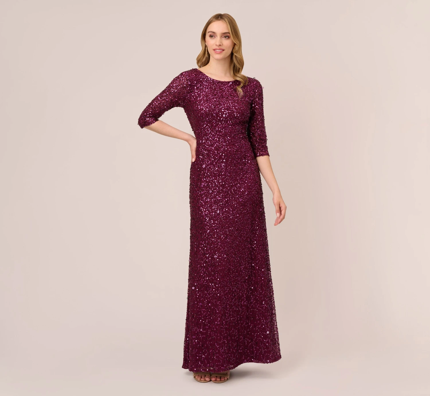 Adrianna Papell Scoop Back Sequin Gown With Three Quarter Sleeves In Cabernet 1 Adrianna Papell Scoop Back Sequin Gown With Three Quarter Sleeves In Cabernet