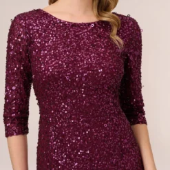 Adrianna Papell Scoop Back Sequin Gown With Three Quarter Sleeves In Cabernet 8 Adrianna Papell Scoop Back Sequin Gown With Three Quarter Sleeves In Cabernet -Glam Mirth Sales 091919970 AD605 Regular Detail