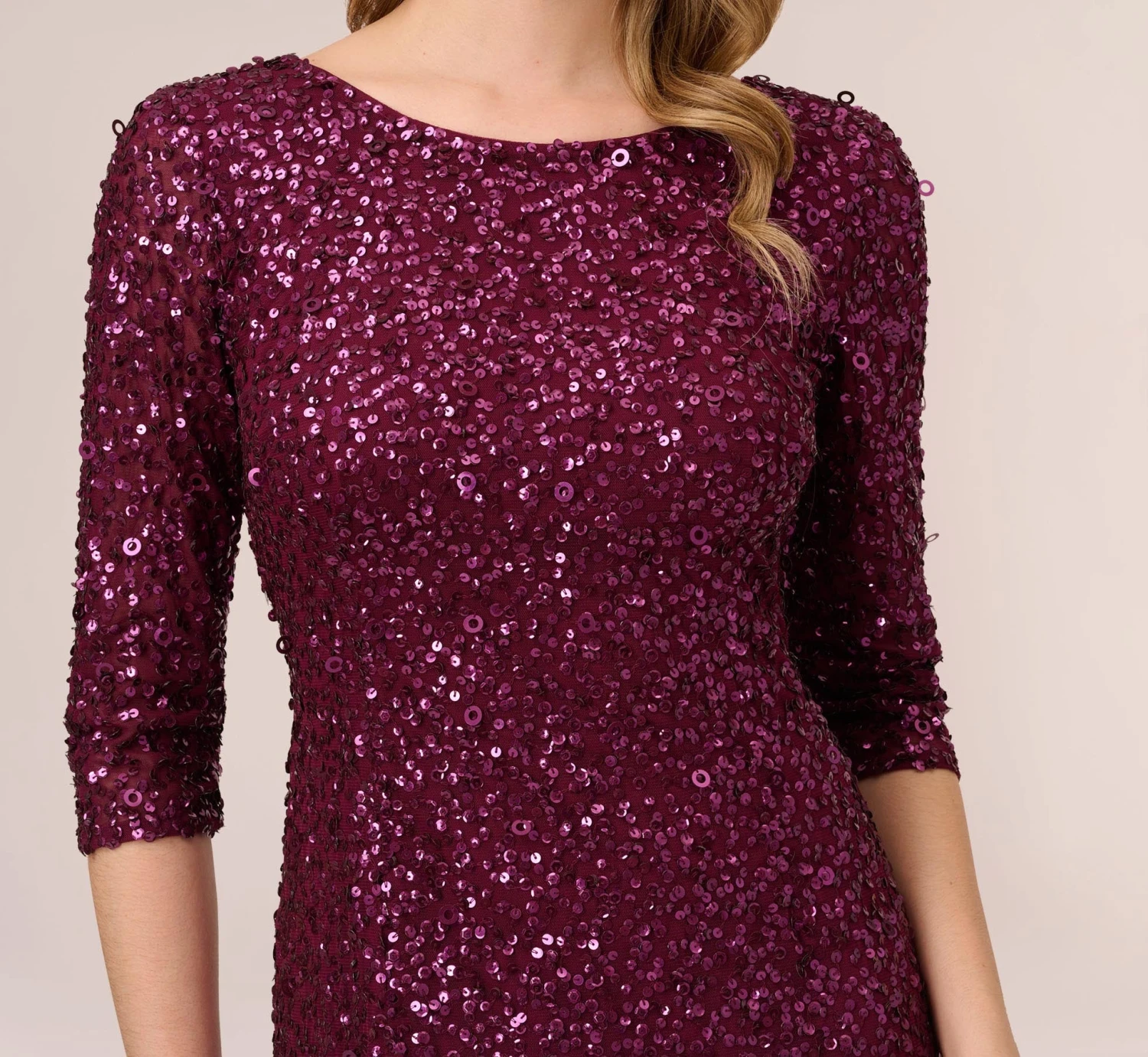Adrianna Papell Scoop Back Sequin Gown With Three Quarter Sleeves In Cabernet 3 Adrianna Papell Scoop Back Sequin Gown With Three Quarter Sleeves In Cabernet - Image 3