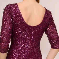Adrianna Papell Scoop Back Sequin Gown With Three Quarter Sleeves In Cabernet 10 Adrianna Papell Scoop Back Sequin Gown With Three Quarter Sleeves In Cabernet -Glam Mirth Sales 091919970 AD605 Regular Lifestyle