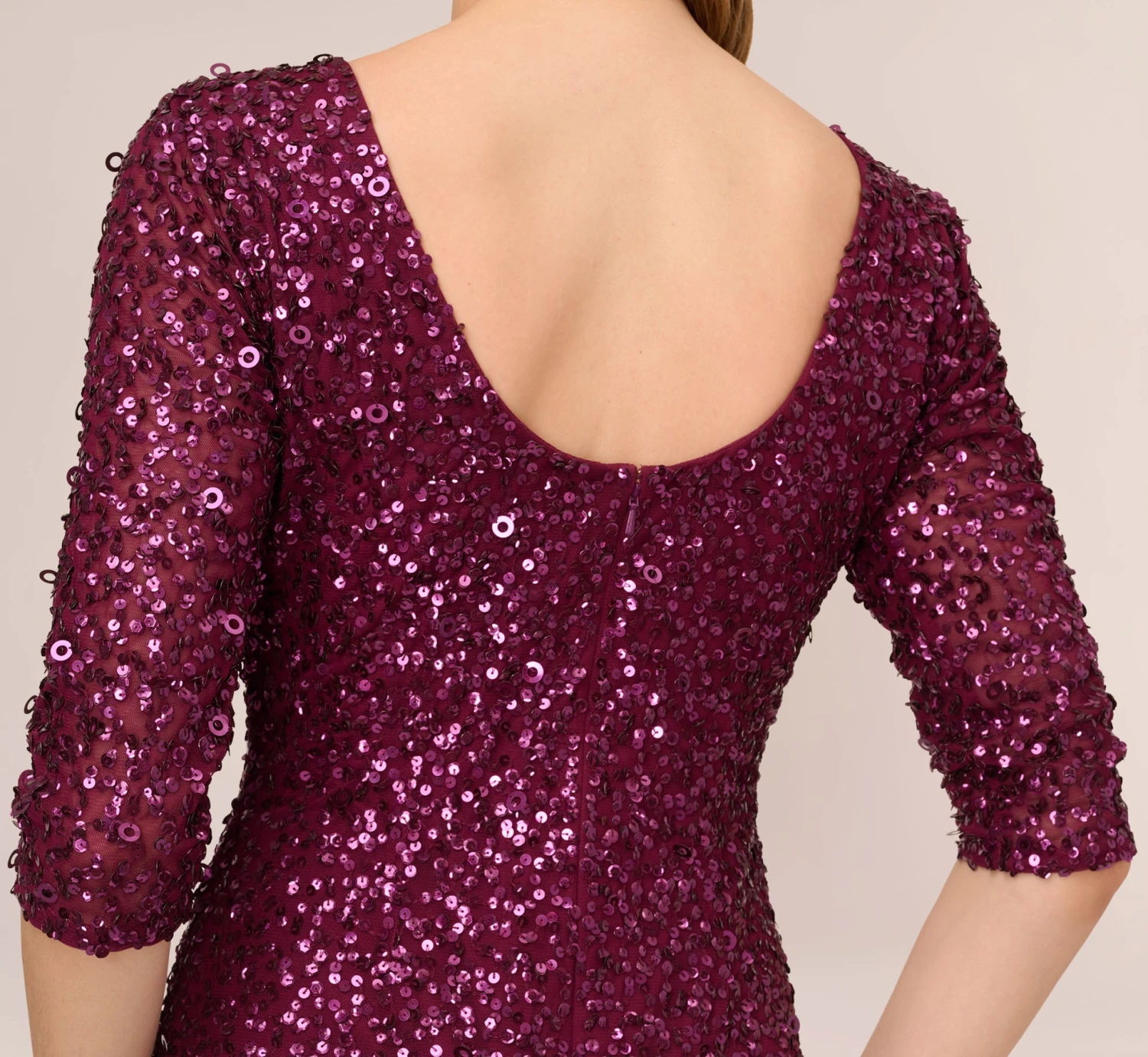 Adrianna Papell Scoop Back Sequin Gown With Three Quarter Sleeves In Cabernet 5 Adrianna Papell Scoop Back Sequin Gown With Three Quarter Sleeves In Cabernet - Image 5